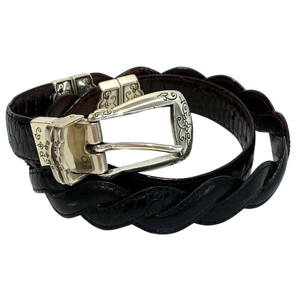 Dark brown & black reversible belt moc croc texture braided silver buckle 30" - Picture 1 of 9